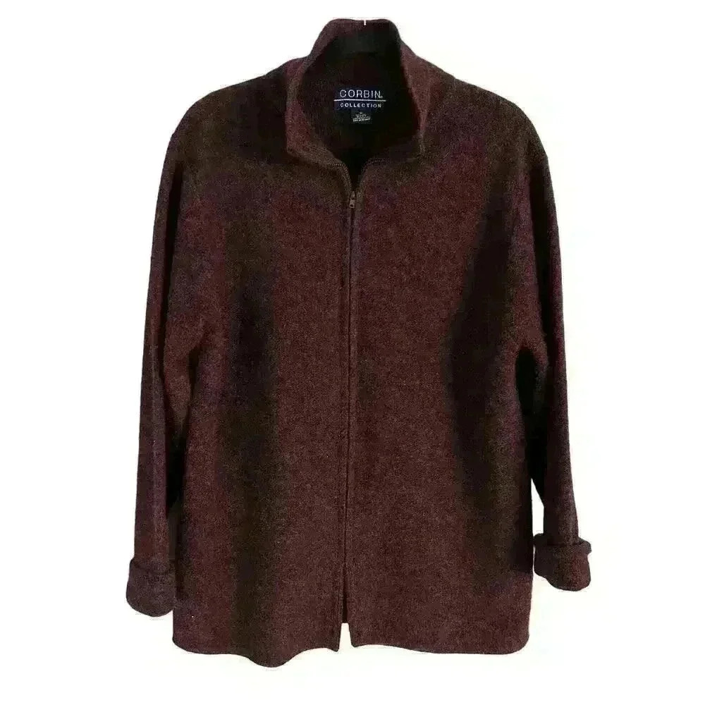 Corbin Collection Cardigan Sweater Medium‎ Maroon Zip Front Wool Grandpa